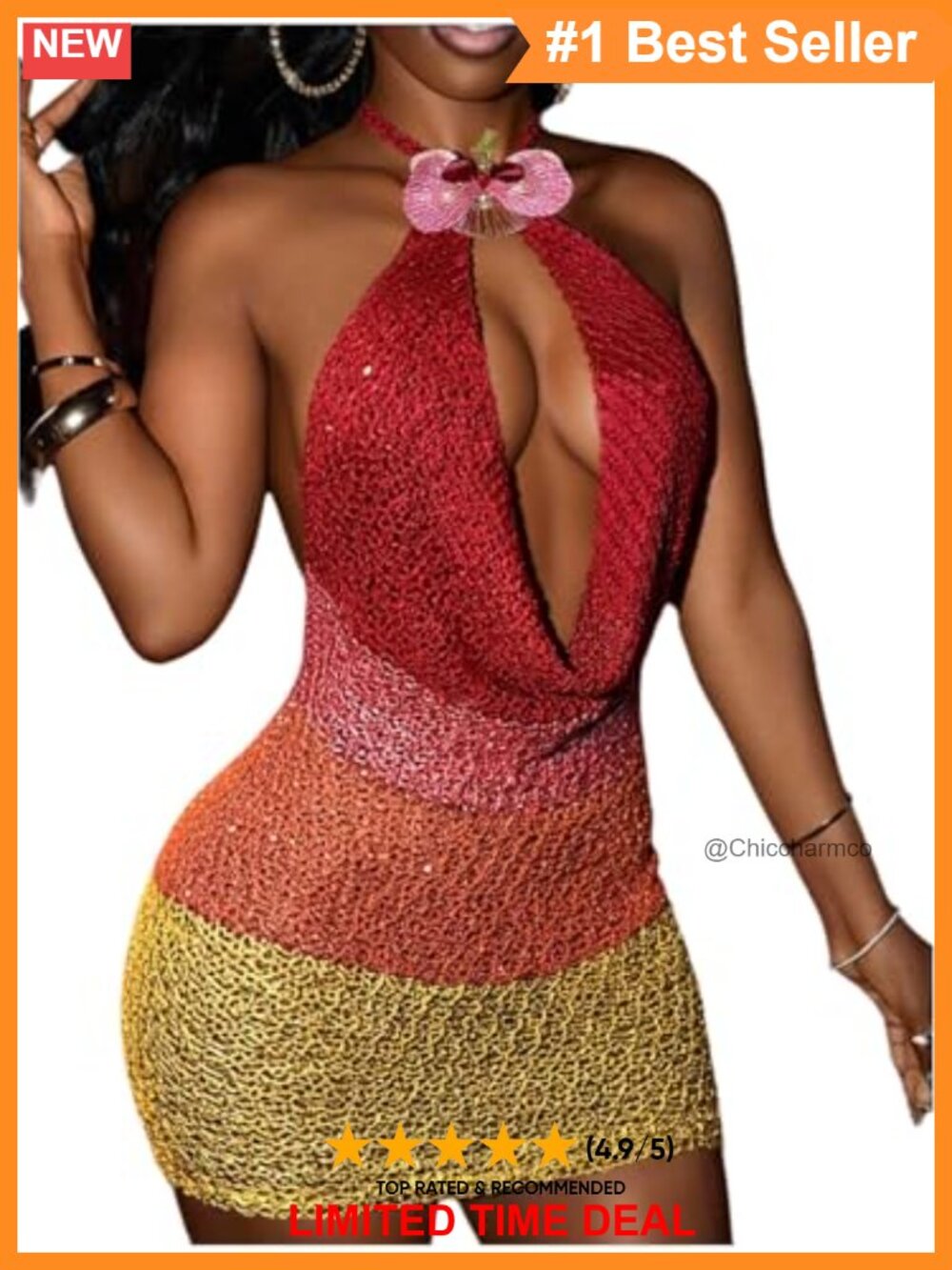 Crochet Halter Mini Dress Sequin Backless Summer Party